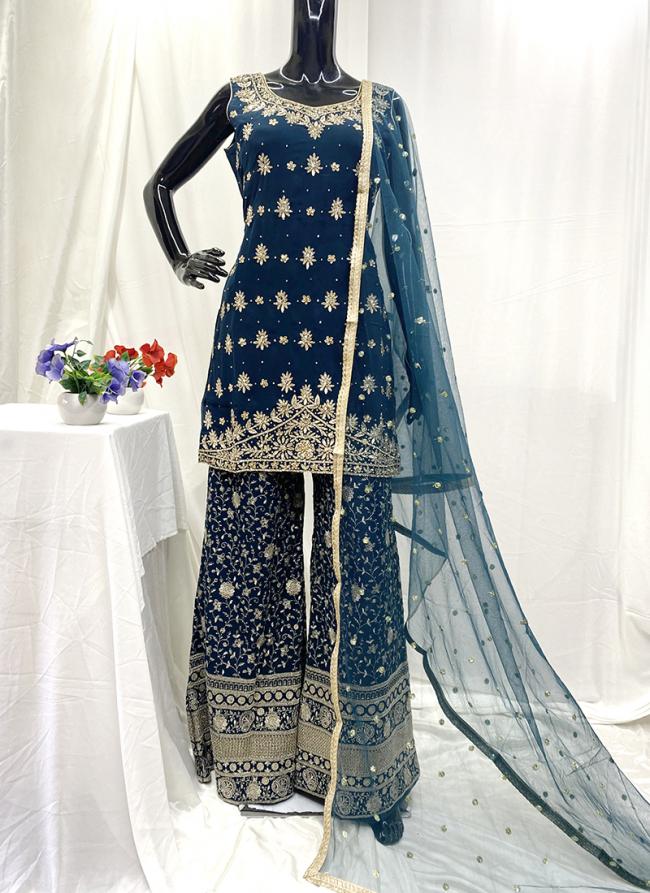 Georgette Blue Party Wear Embroidery Work Readymade Plazzo Suit